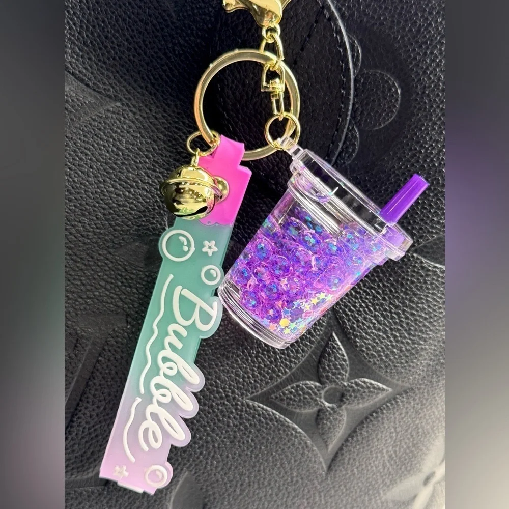 New Purple Glitter & Liquid Mini Drink Cup Purse Bag Charm Keychain - 6.5”
